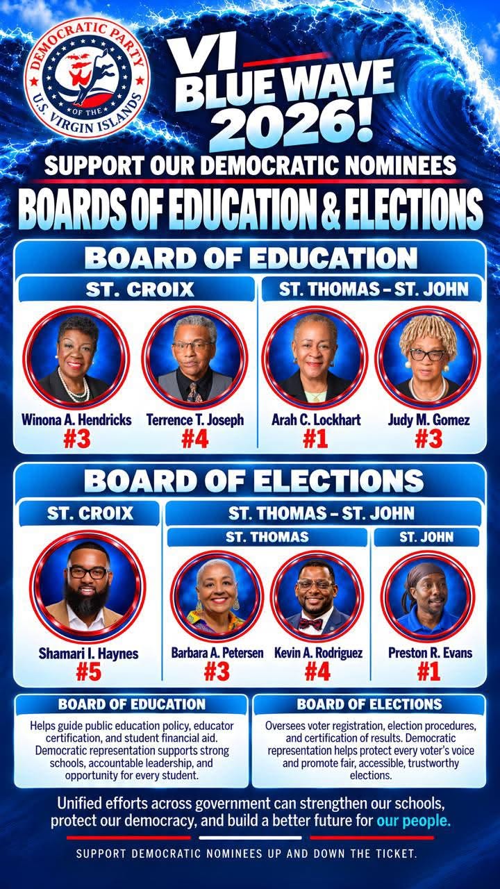 VI Blue Wave 2026 flyer featuring the Democratic nominees for the Board of Education and Board of Elections